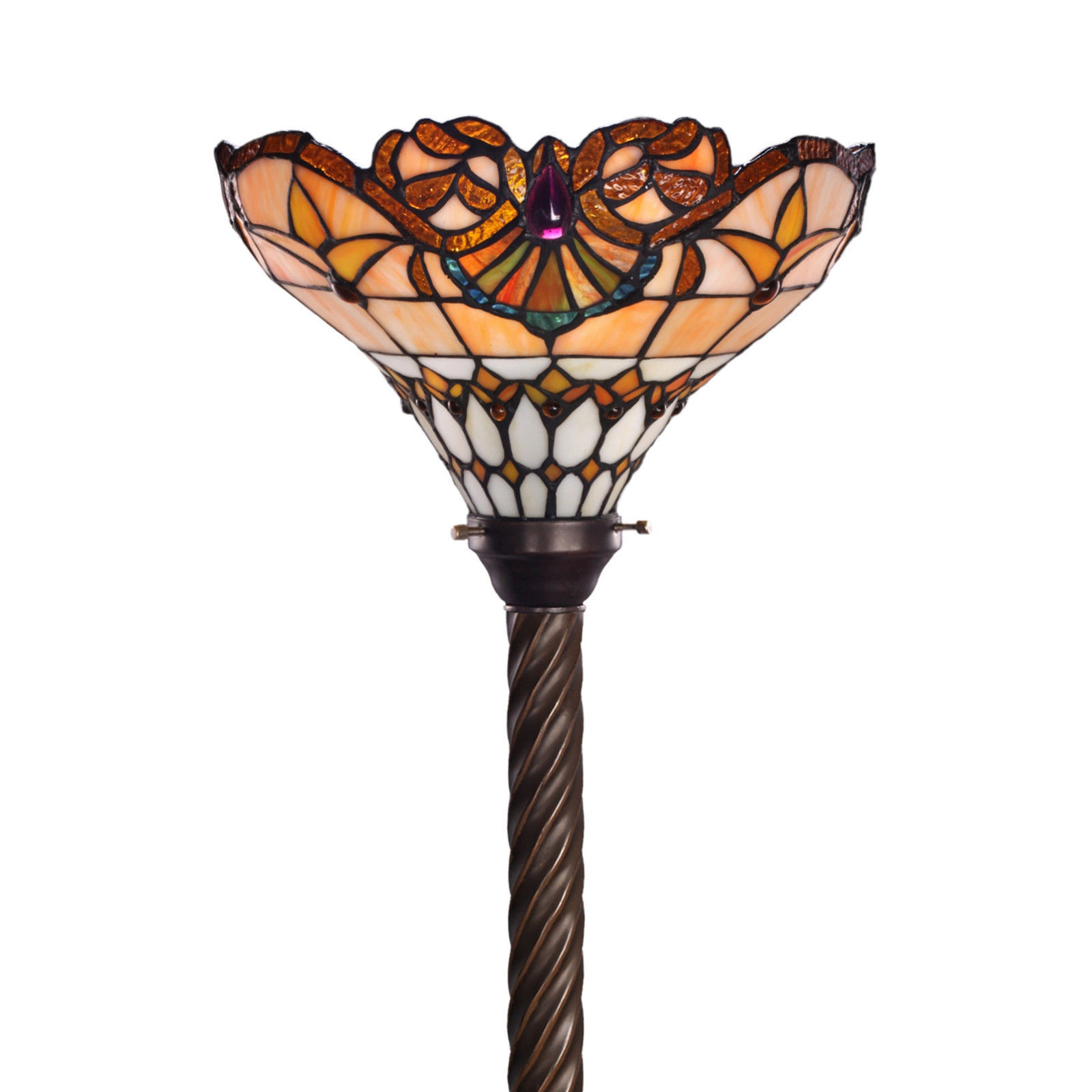 Torch Floor Lamp Tiffany Style Stained Glass Scroll Bronze F. Metal