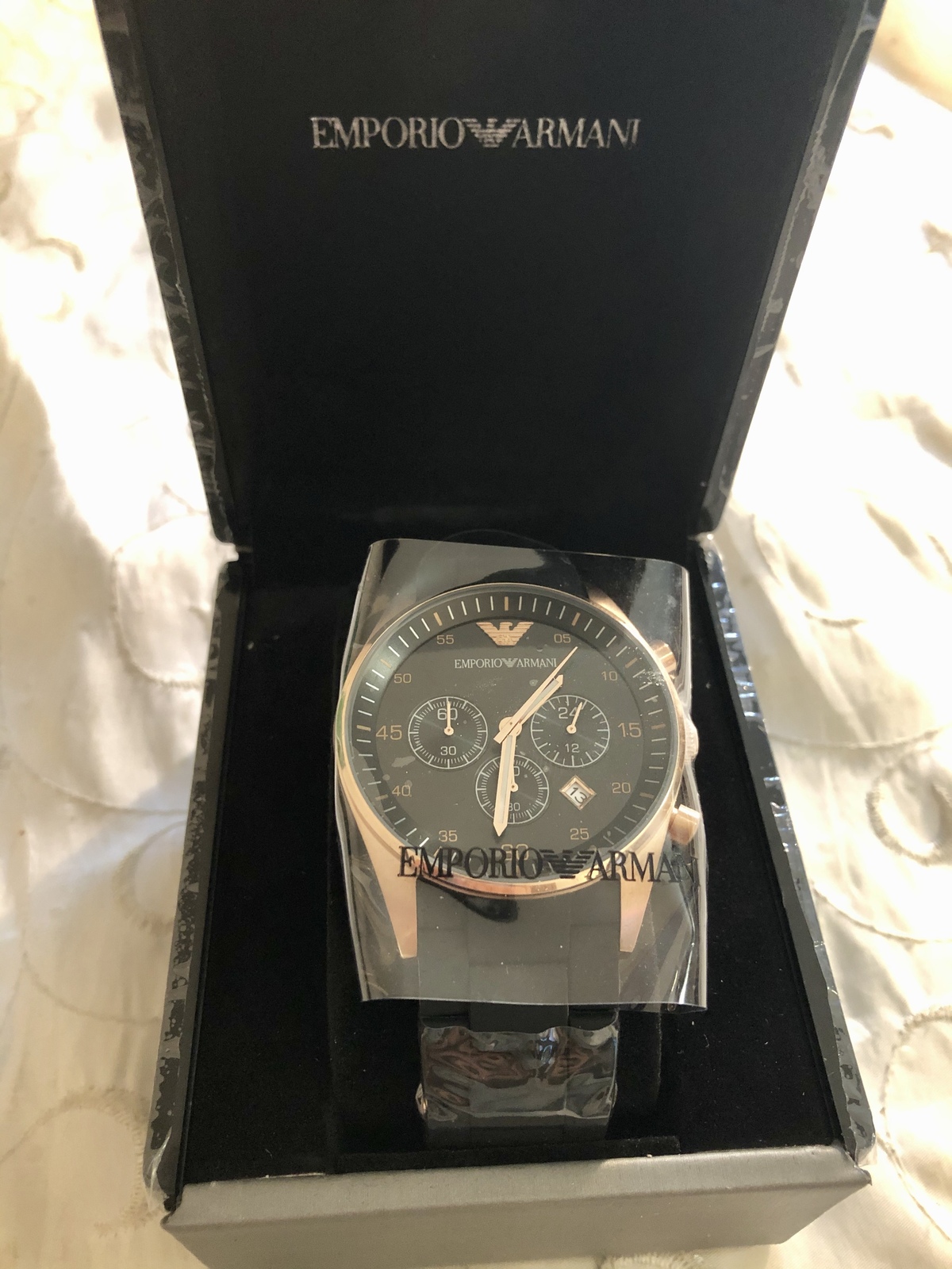 men's black and rose gold silicone chronograph emporio armani watch ar5905