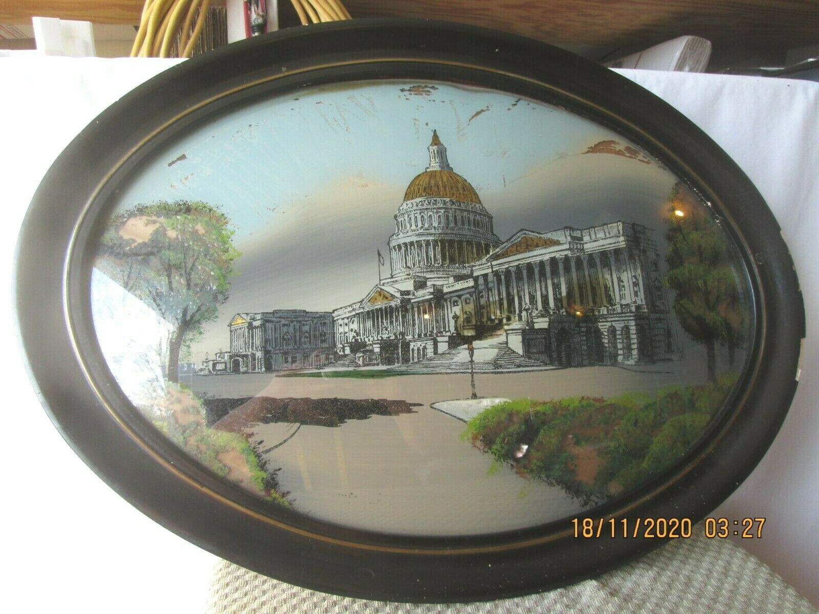 Oval Frame Bubble Glass Tiger Wood Reverse Painted "The Hill