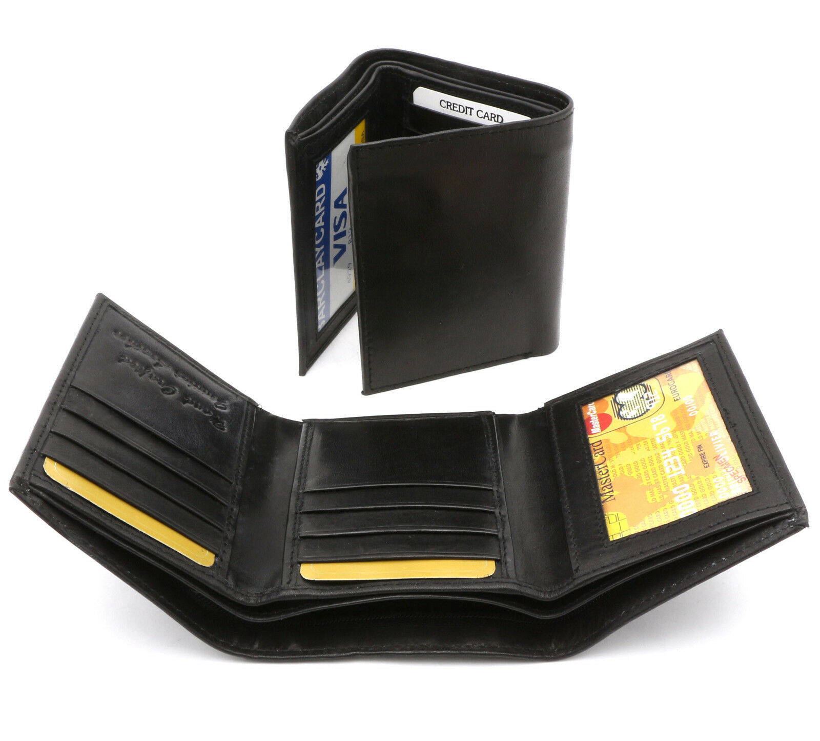 Trifold Genuine Leather Black Plain Compact Wallet With Zipper Currency