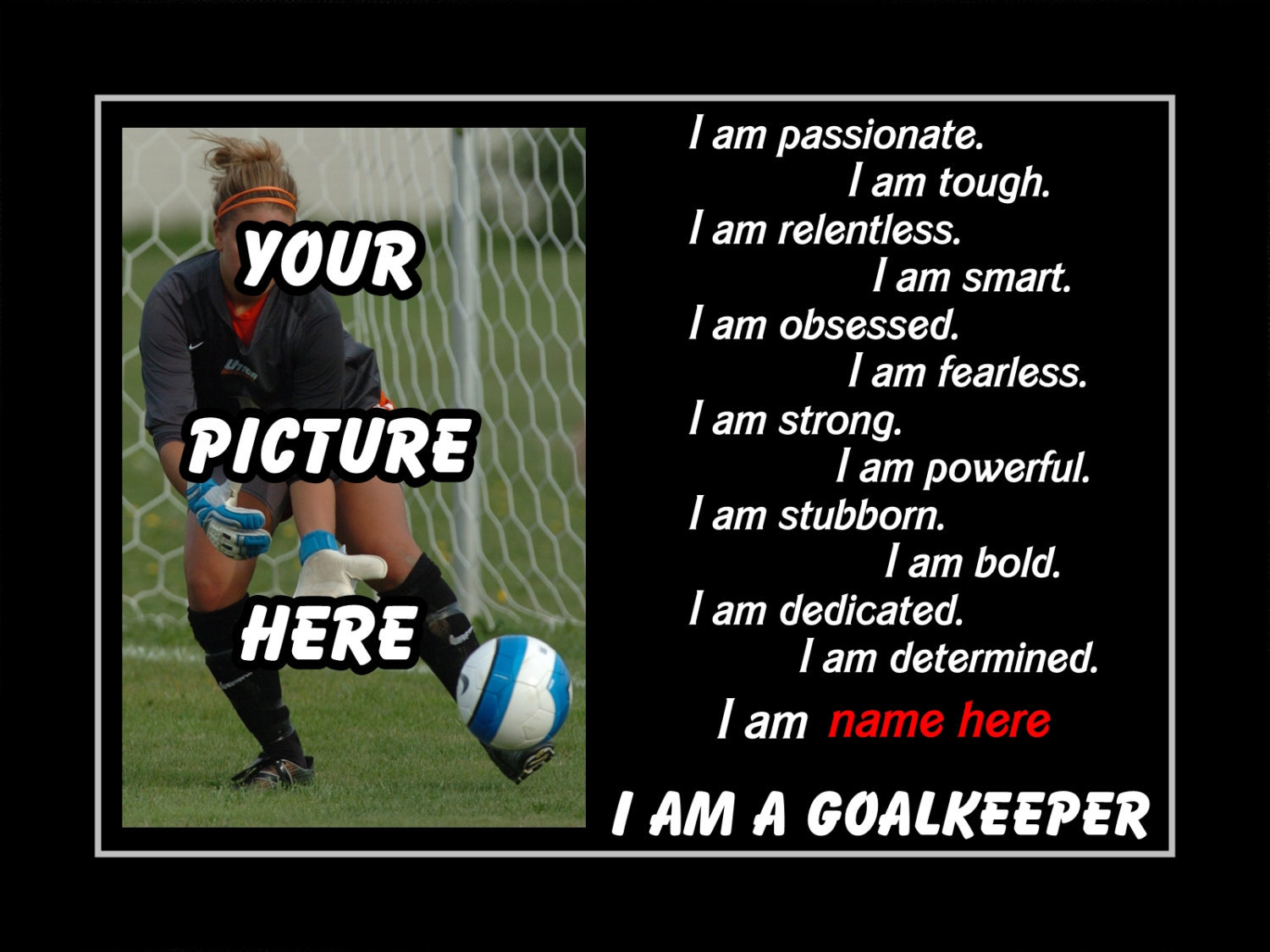 Inspirational Soccer Poster Personalized Motivational GOALKEEPER Wall