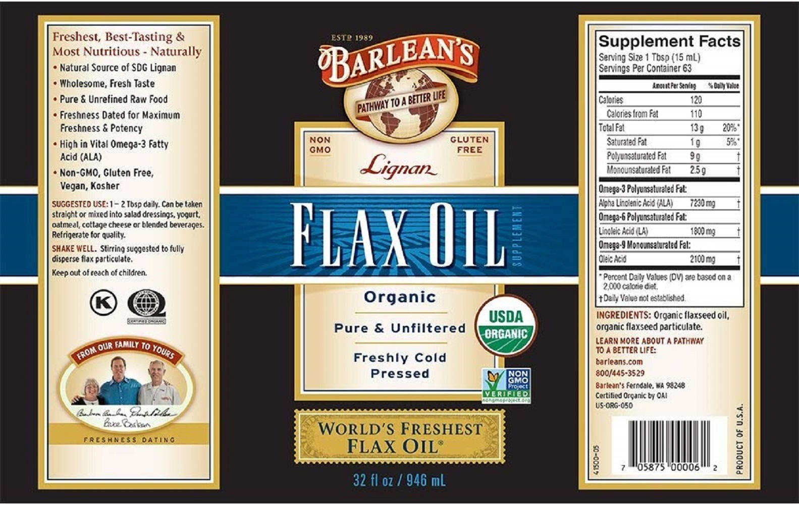 Barlean’s Organic Lignan Flax Oil, 32oz Dietary Supplements