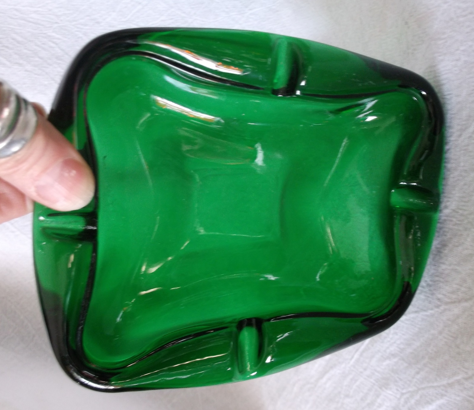 Vintage Green Glass Ashtray Juniper Forest Emerald Free Form Stretched