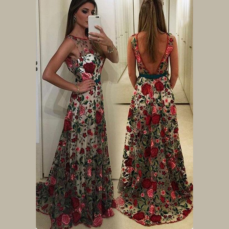 Popular Charming Sleeveless Backless Sweep Train Floral Lace Prom Dress Women Go