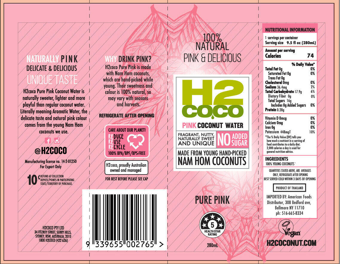 H2 Coco Pink Coconut Water No Sugar Added 95 Oz Pack Of 24 Coconut Water 6760