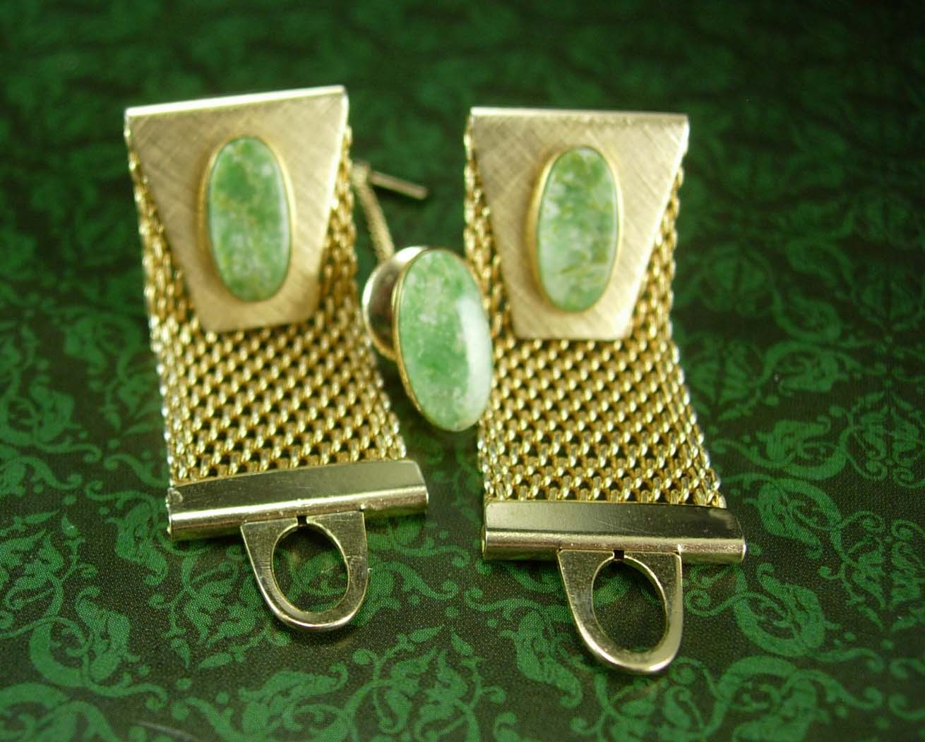 Jade Cufflinks Tie tack with chain Mesh wraps high quality green cuff links men Cufflinks