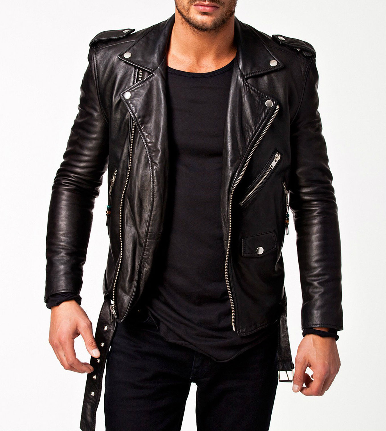 Image of Men Leather Jacket Black Slim fit Biker Motorcycle genuine lambskin jacket moto