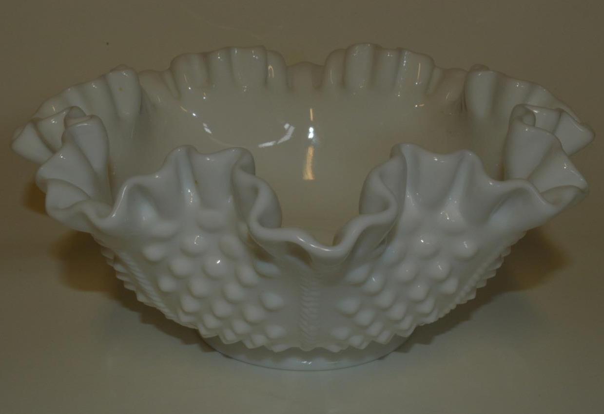 Vintage Fenton ~ Milk Glass ~ Hobnail ~ Ruffled 8 Bowl ~ Usa Marked Fenton Fenton 9304