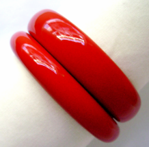  Vintage Pair Lucite Lipstick Red Bracelets Chunky Wide Stacking Bangles  - $28.00