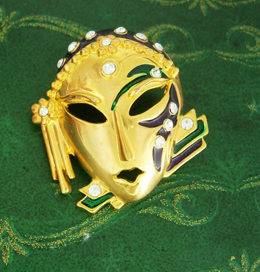 Masquerade Ball Brooch gold rhinestone and enamel theater masks female