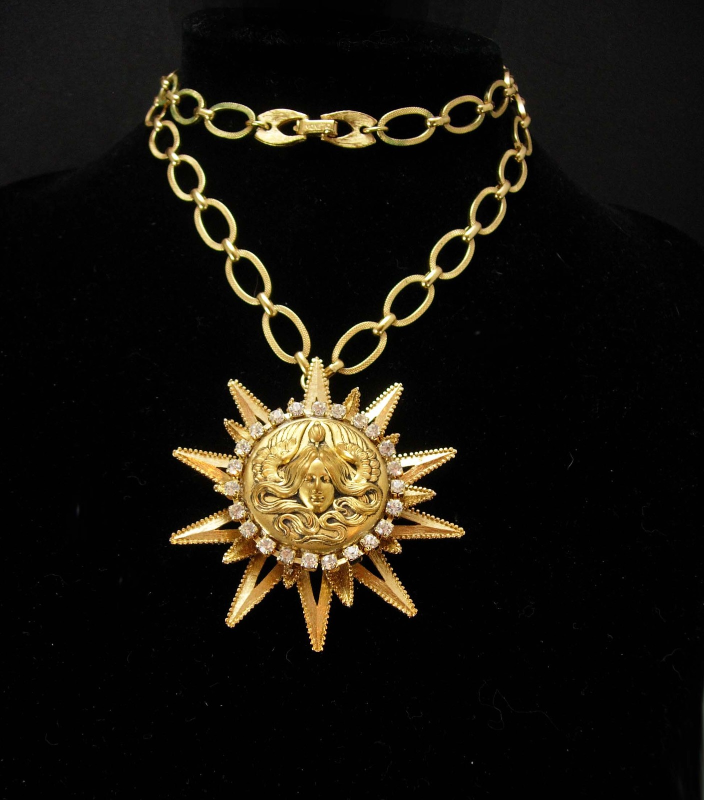 Goddess necklace nouveau rhinestone face with Sun pendant Gold ...