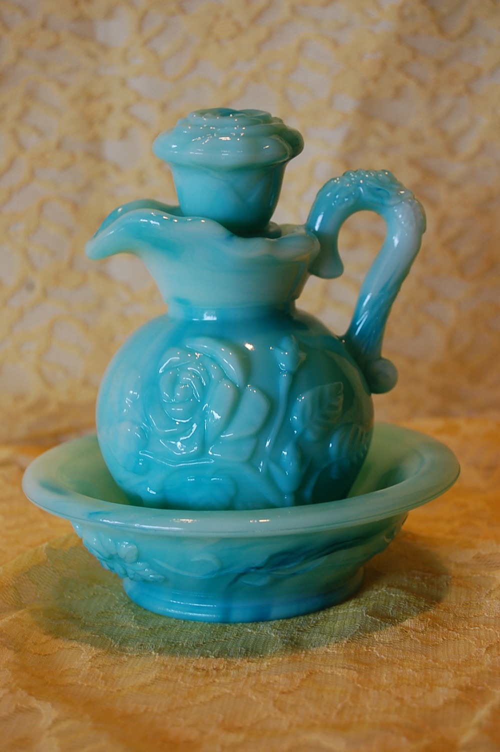 AVON - Victoriana Pitcher & Bowl Set(c) - Turquoise Glass - Empty ...