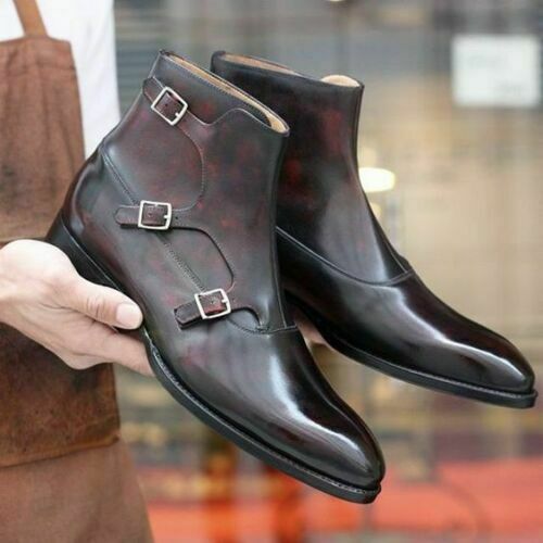 Men's Handmade Boots Dark Brown Triple Monk Leather Ankle Formal Wear ...