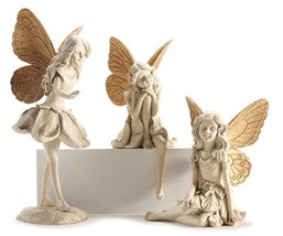 Fairy Pixie Figurines Set of 3 Large Resin Cream With Gold Wing Accents Mystical