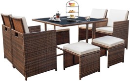 9 Pieces Patio Dining Sets Outdoor Space Saving Rattan Chairs with Glass Table image 2