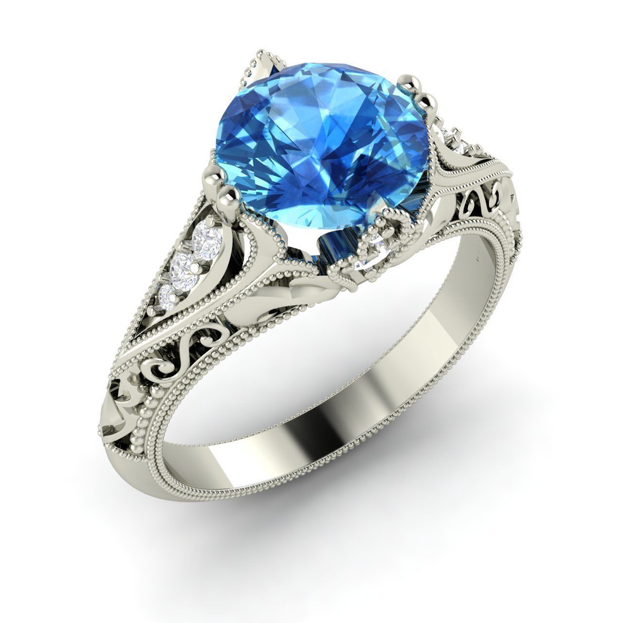 Natural AAA Blue Topaz & Certified SI Diamond Engagement Ring in White