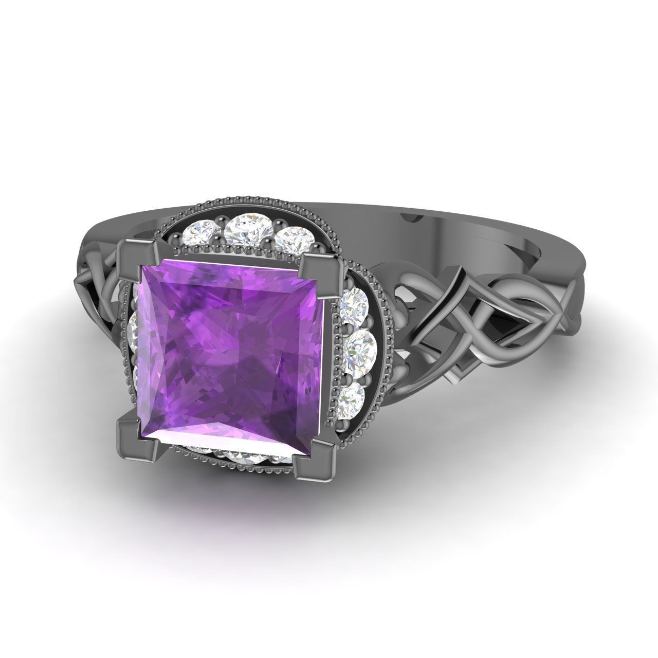 076 Ct Natural Amethyst And Si Diamond Engagement Ring In 14k Black Gold