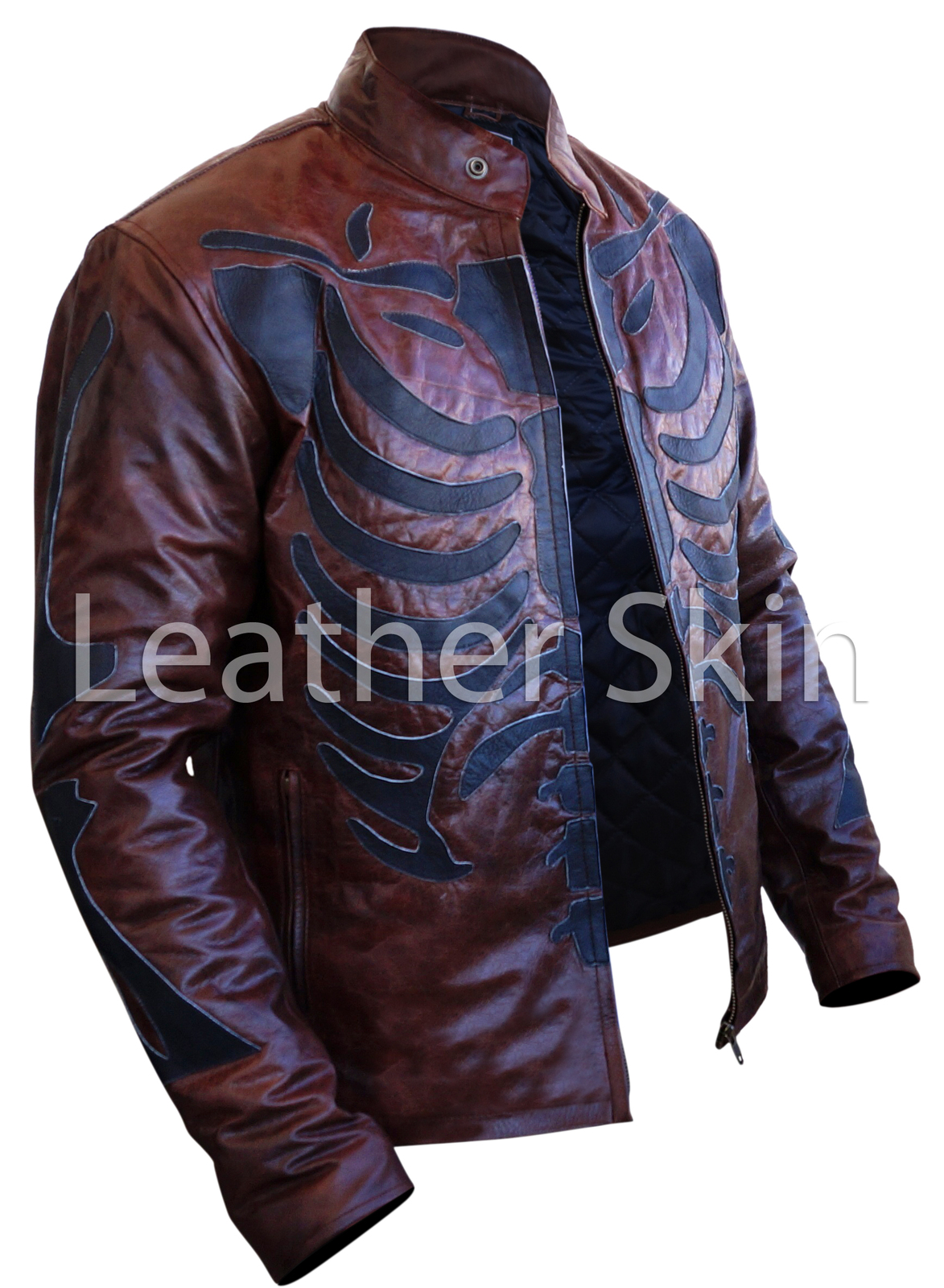 Men Two Tone Distressed Brown Black Skeleton Biker Motorcycle Leather