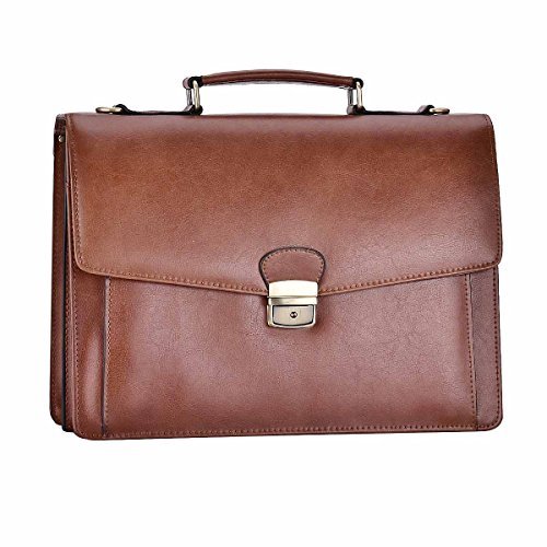 RUNWINDY Mens Leather Briefcase Cowhide Handbags with Lock Brown Wallets