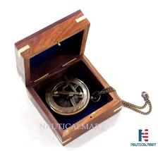 NauticalMart 3 Push Button Sundial Nautical Brass Compass With Chain/Wooden Case image 3