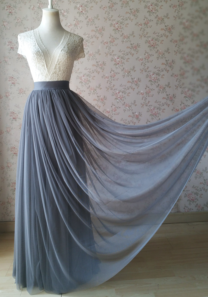 GRAY Tulle Skirt Outfit High Waisted Gray Tulle Maxi Skirt Plus Size