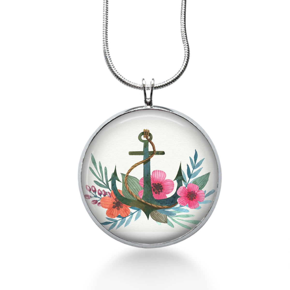Anchor with Flowers Necklace Nautical Jewelry Handmade Art
