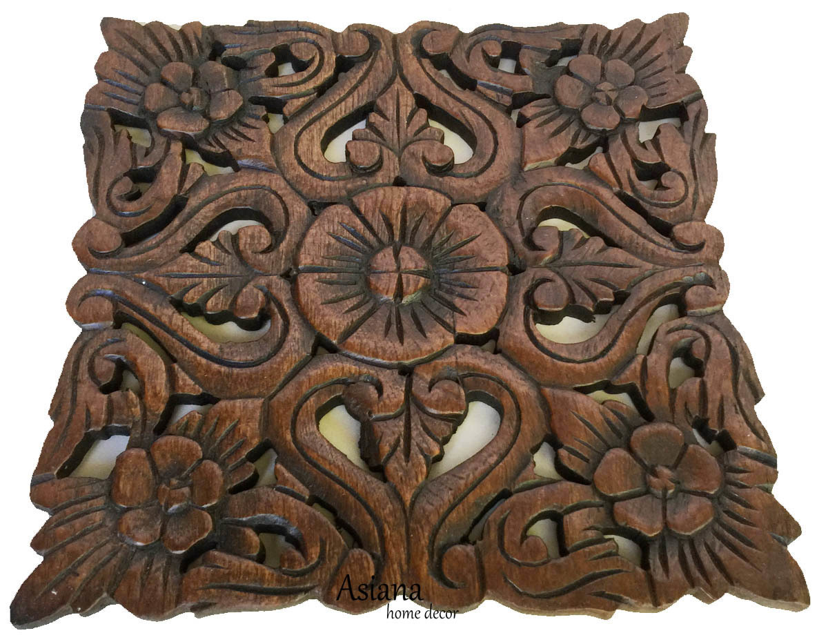 Floral Wood Wall Plaque. Square Carved Wood Wall Decor. Size12" Set of