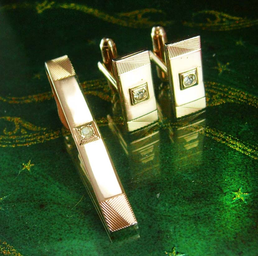 Vintage Diamond Cufflinks Tie clip set Gold classic wedding jewelry