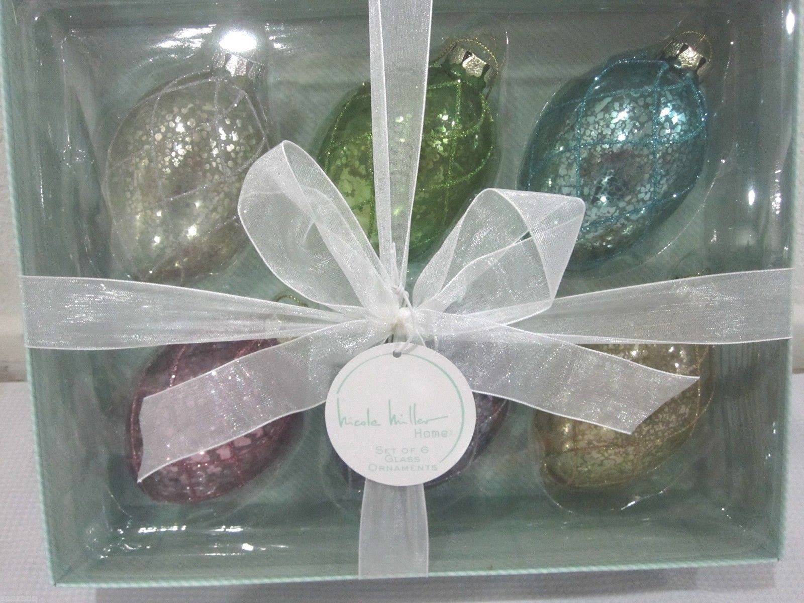 EASTER NICOLE MILLER CRACKLE GLASS EGG SHAPED 4" ORNAMENTS SET OF 6 Other