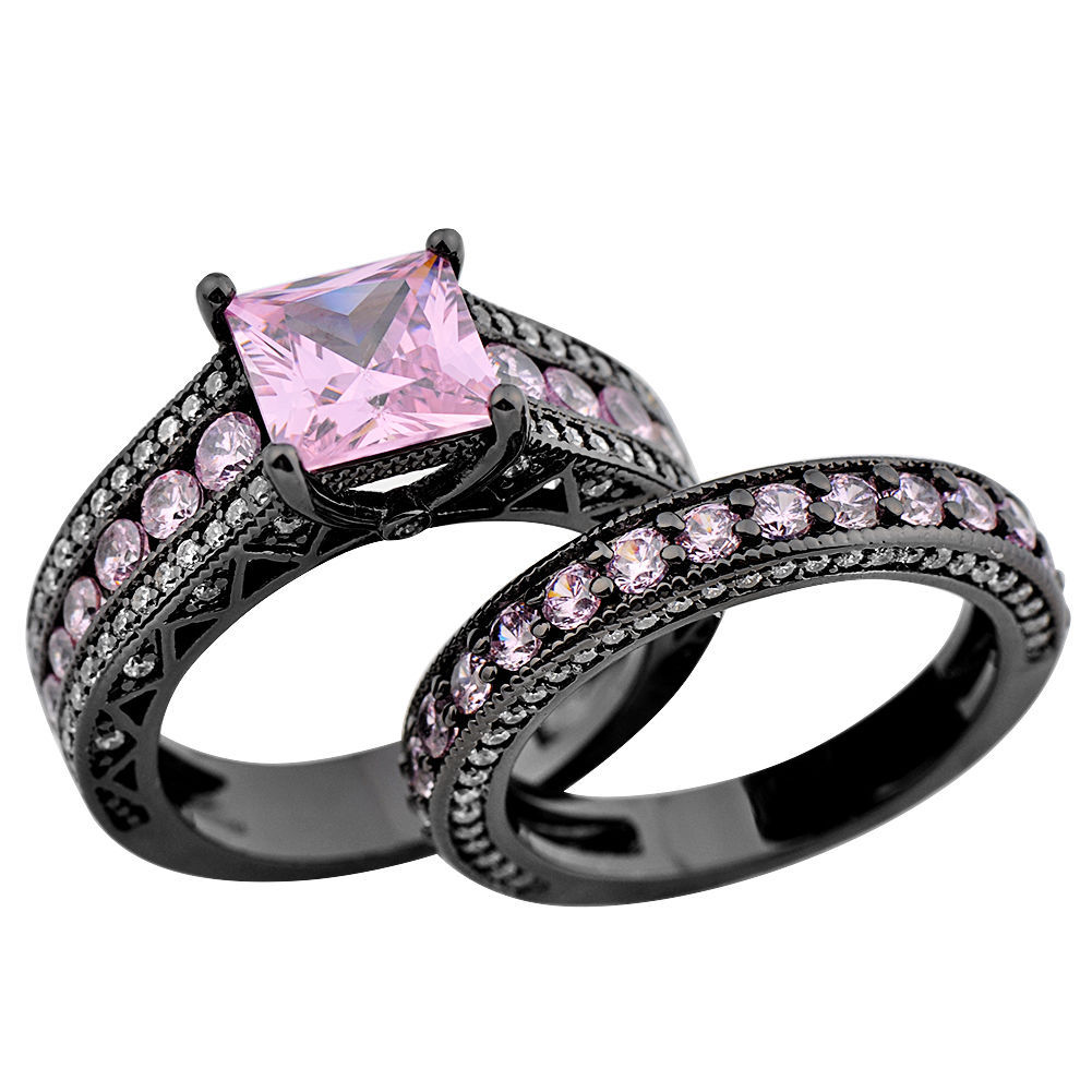 Women's Jewelry Pink Sapphire 14KT Black Gold Filled Engagement Wedding Ring Set