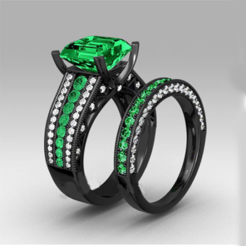 Women's Fashion Green Emerald Women's 14KT Black Gold Filled Engagement Ring Set