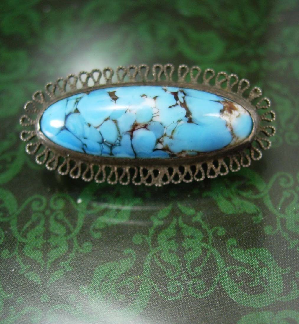Antique Turquoise Brooch victorian UNUSUAL stone sterling filigree
