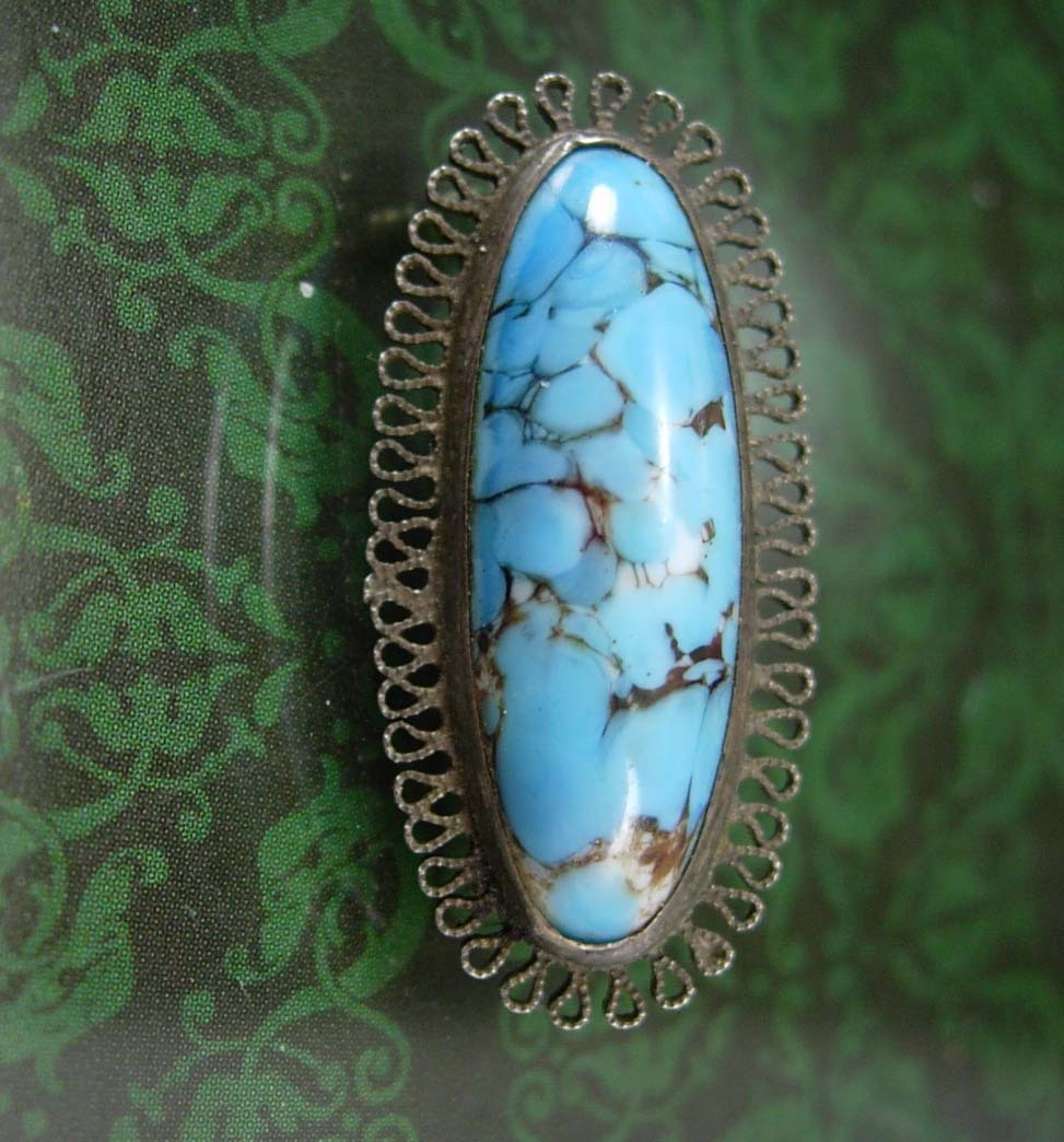Antique Turquoise Brooch victorian UNUSUAL stone sterling filigree