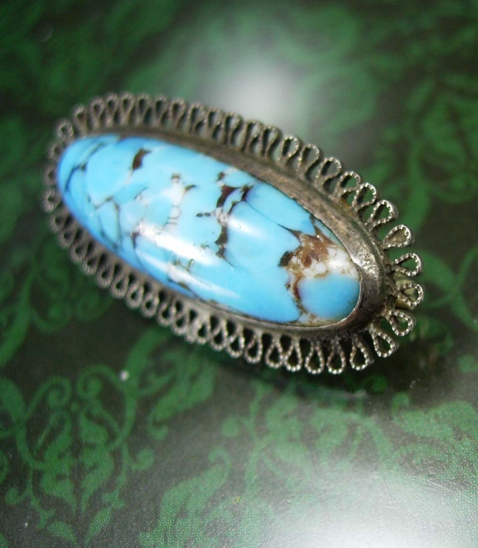 Antique Turquoise Brooch victorian UNUSUAL stone sterling filigree