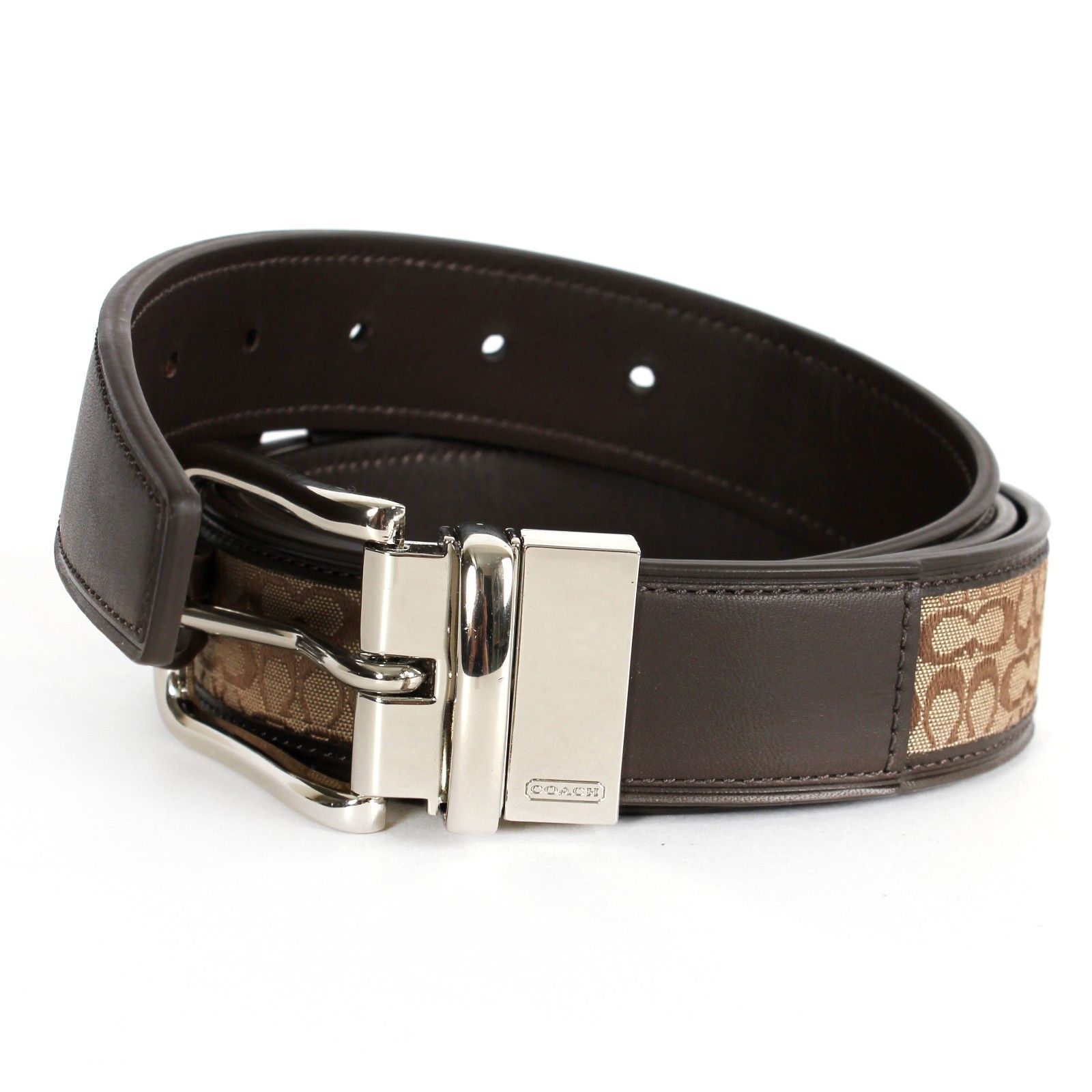 COACH F90107 MEN'S REVERSIBLE SIGNATURE BELT KHAKI/MAHOGANY BROWN SIZE