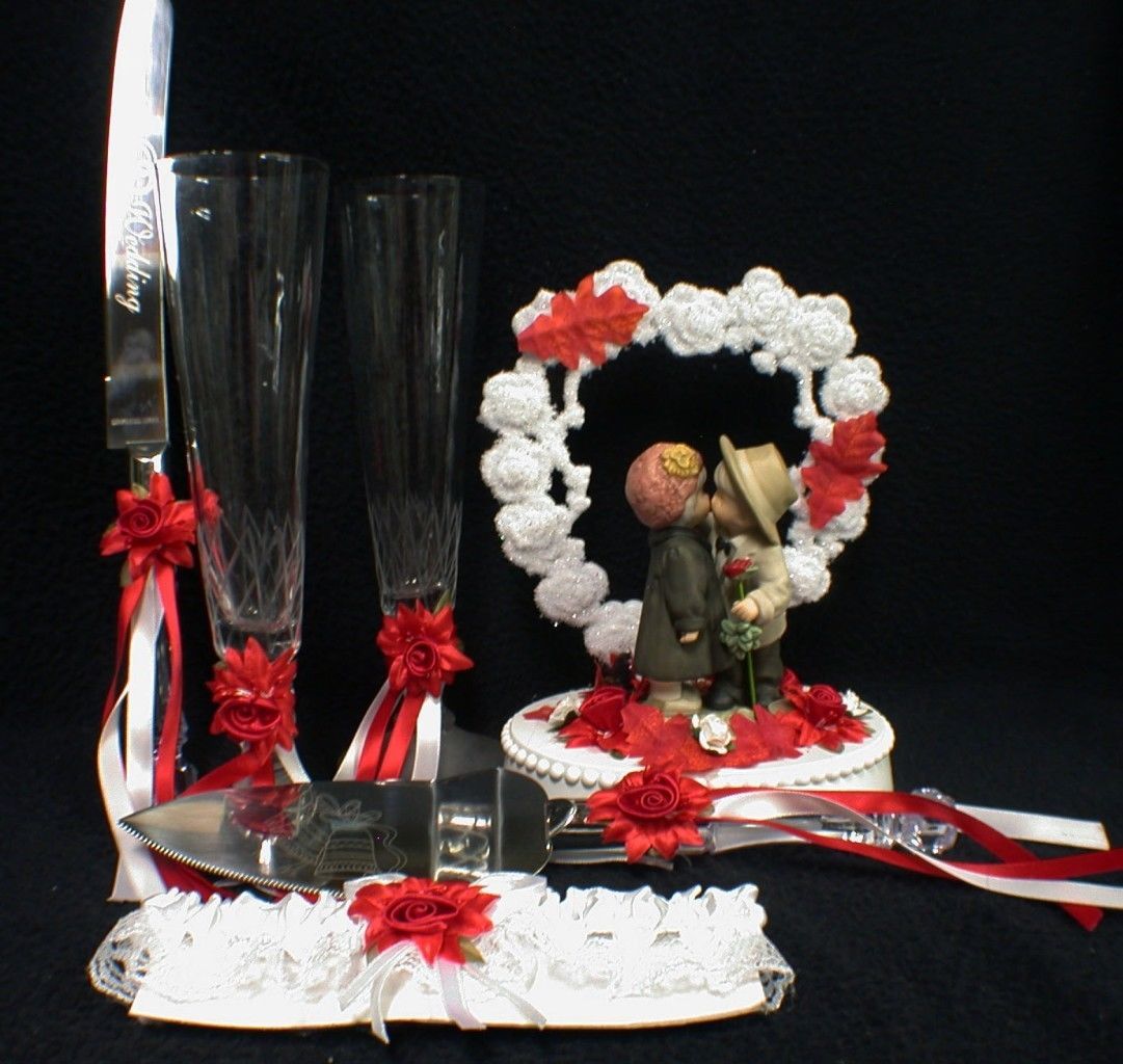 KIM ANDERSON Kiss fall Wedding Cake Topper LOT  Serve set Glasses Garter autum - $98.01