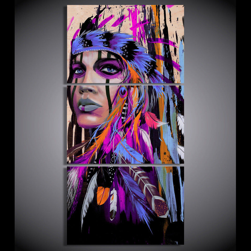 Home Decor Native American Indian Feathered Girl 3Pcs Canvas Print Art ...