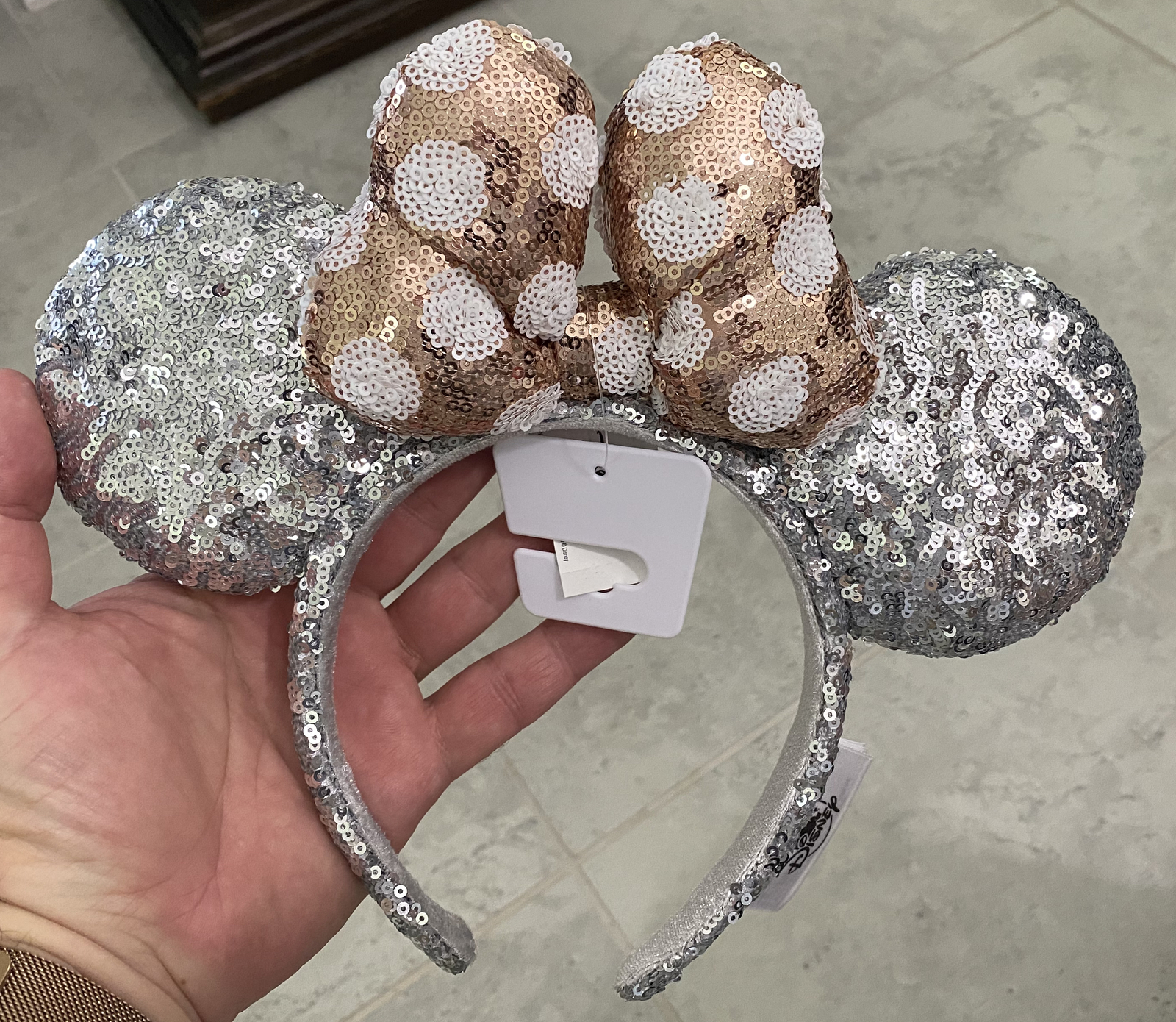 NEW Disney Parks Minnie Silver Gold Polka Dot Ears Headband Sequin Padded Bow