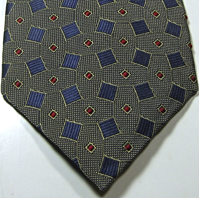 PAUL FREDRICK Rich Gray Navy Blue Red Geometric 100% Silk Tie - Ties