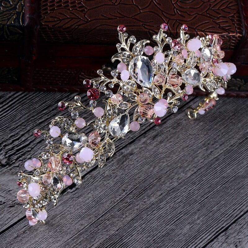 Pink Gold Pearl Bridal Crowns Handmade Tiara Bride Headband Crystal Wedding Dia