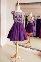 Rosyfancy Purple Beaded Top A-line Knee Length Short Prom / Party Dress - $245.00