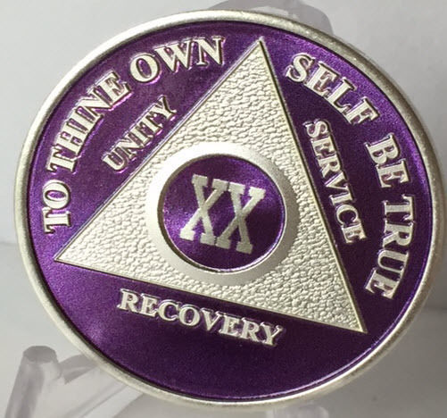 Purple & Silver Plated 20 Year AA Chip Alcoholics Anonymous Medallion Twenty