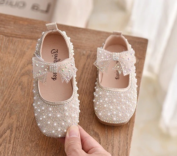 New gold elegant beaded shoes for girls sandals with front bow and pearls