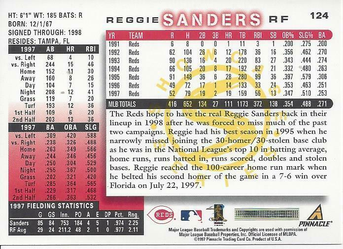 1998 Score Showcase Error Reggie Sanders 124 Reds - Sports Trading Cards