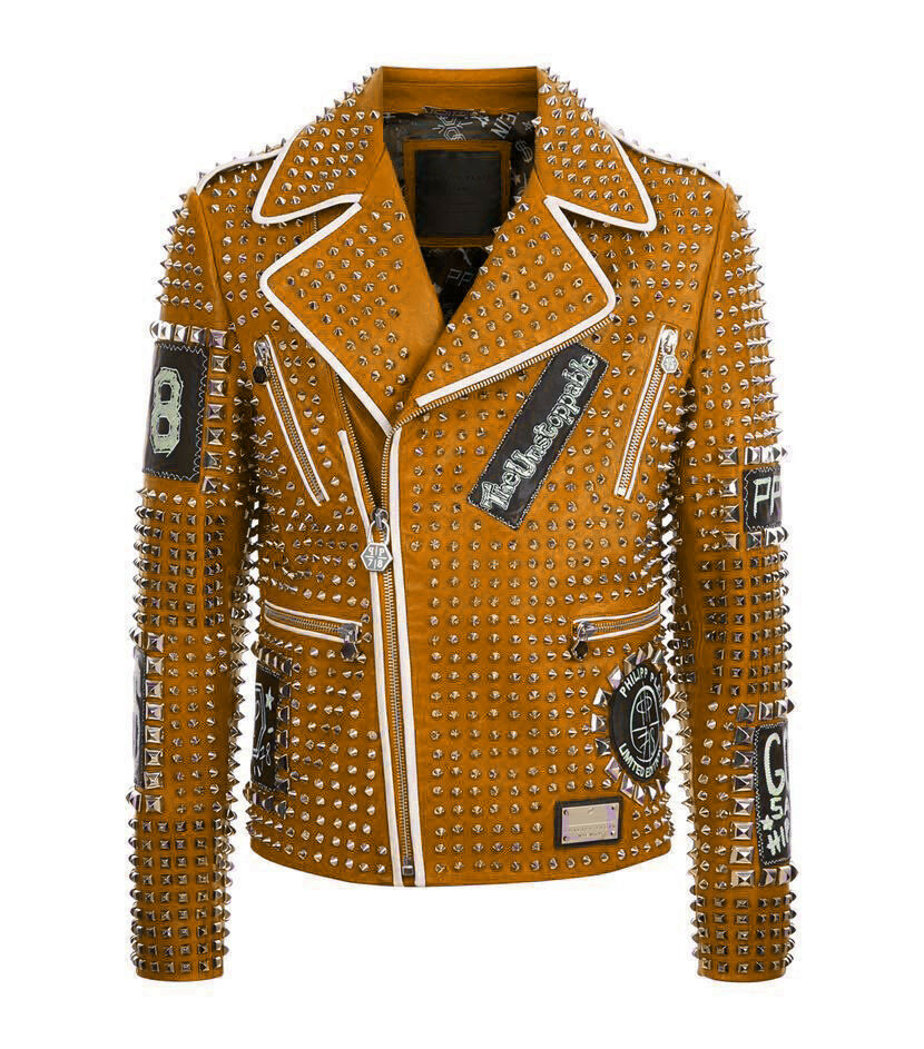 Men Orange PHILIPP PLEIN Leather Coat Full Studded Embroidery Patches Jacket PP