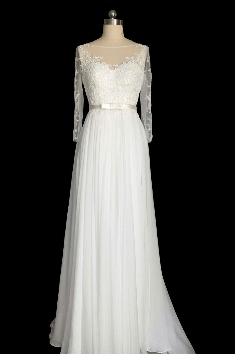 Rosyfancy Elegant Long Sleeves A-line Lace And Chiffon Destination Wedding Dress