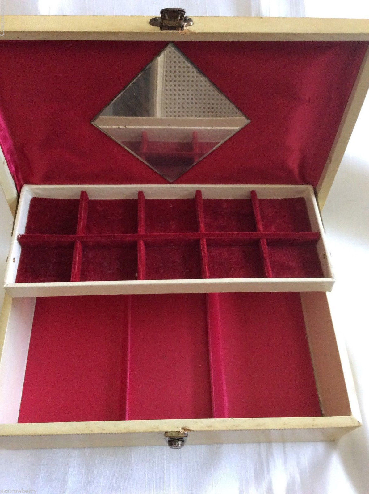 VTG 1960's cream color leathe faux two tier jewelry box chest organizer ...