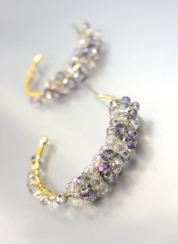 CHIC Urban Anthropologie Smoky Gray AB Czech Crystals Gold Hoop Earrings - $16.99