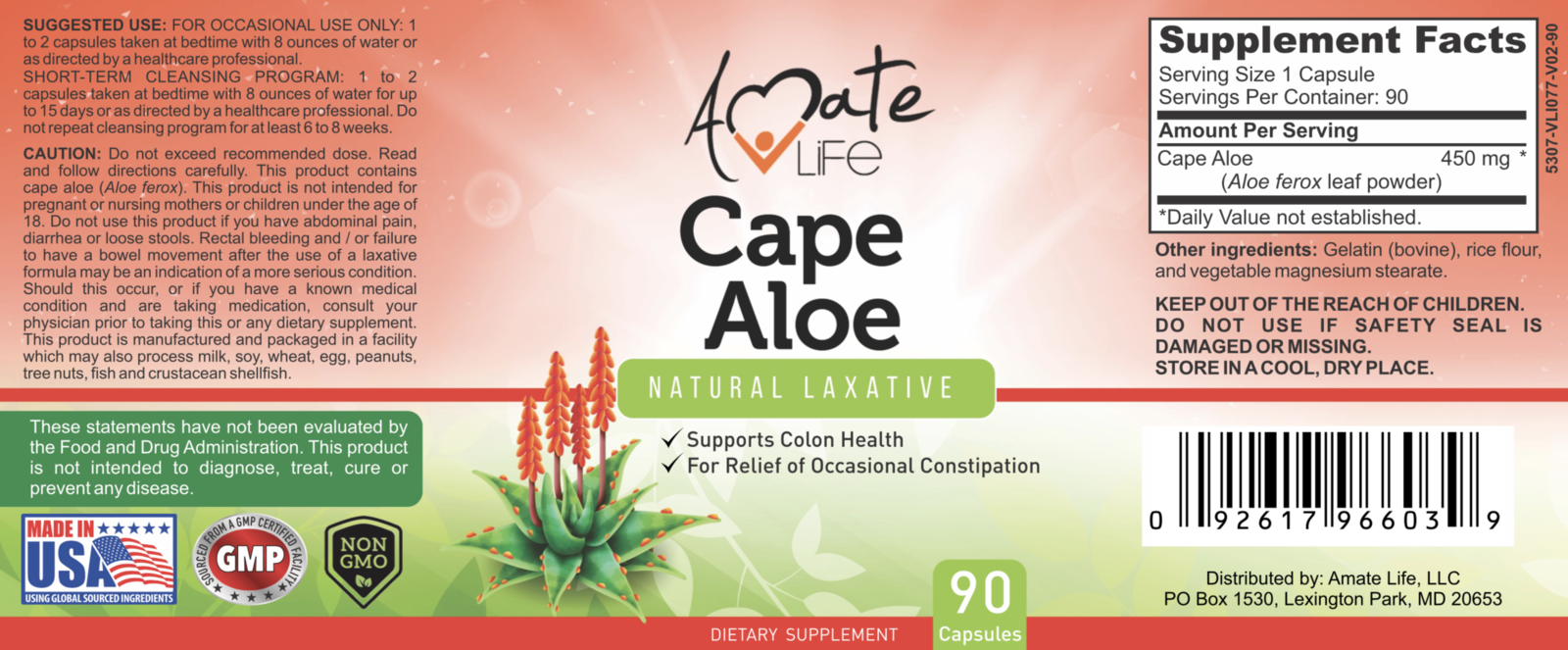 Amate Life Cape Aloe Natural Laxative Supplement Constipation Relief