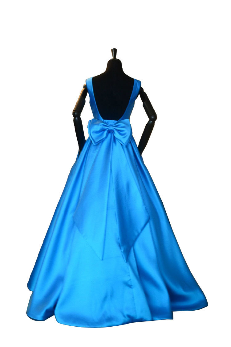 Rosyfancy Blue Square Neck Low Back Satin Evening Dress With Giant